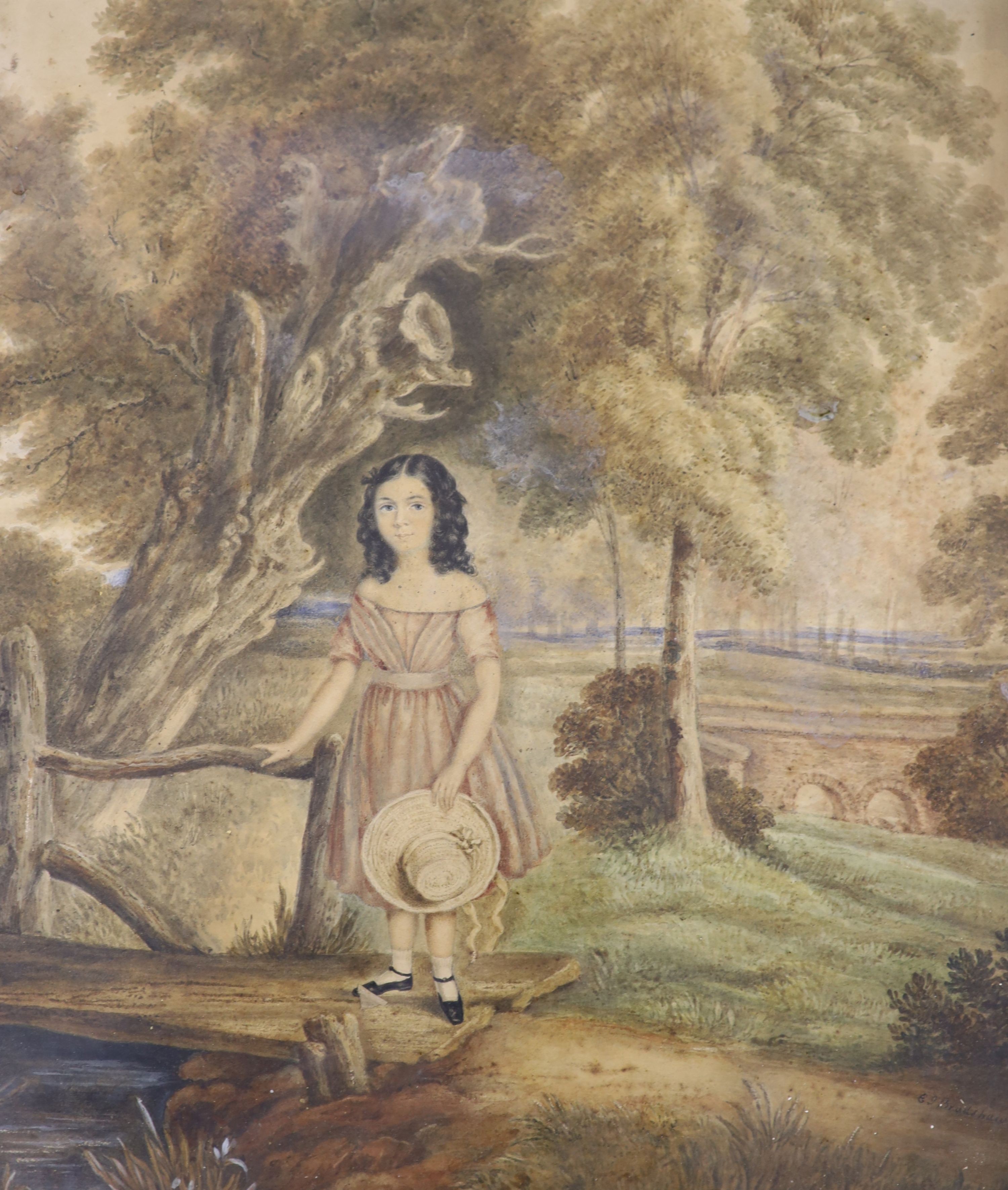19th century English School, oil on wooden panel, Portrait of a young woman wearing a bonnet, 17 x 14cm, and one other picture of a girl by a bridge